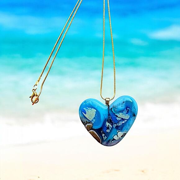 Chic & stylish Heart Pendant Necklace made from Fused Glass. Blue, green and tan - Picture 2 of 5